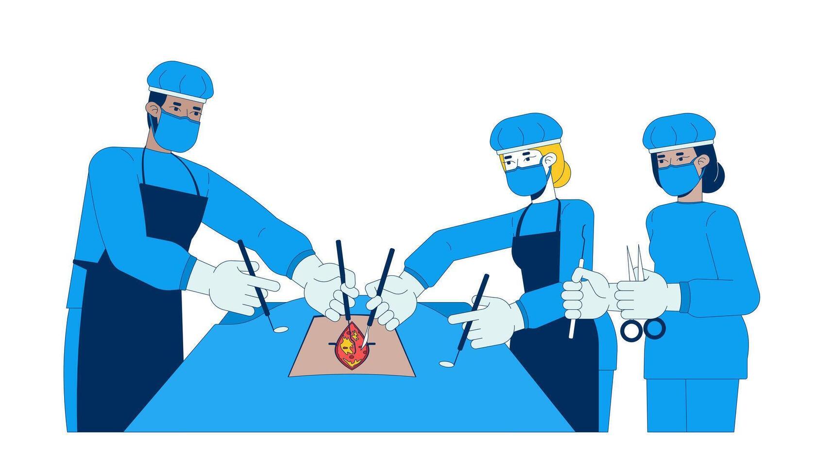 Surgical team in blue scrubs performing operation 2D cartoon characters. Diverse surgeons working together with scalpels isolated people flat on white background. Spot illustration colorful vector