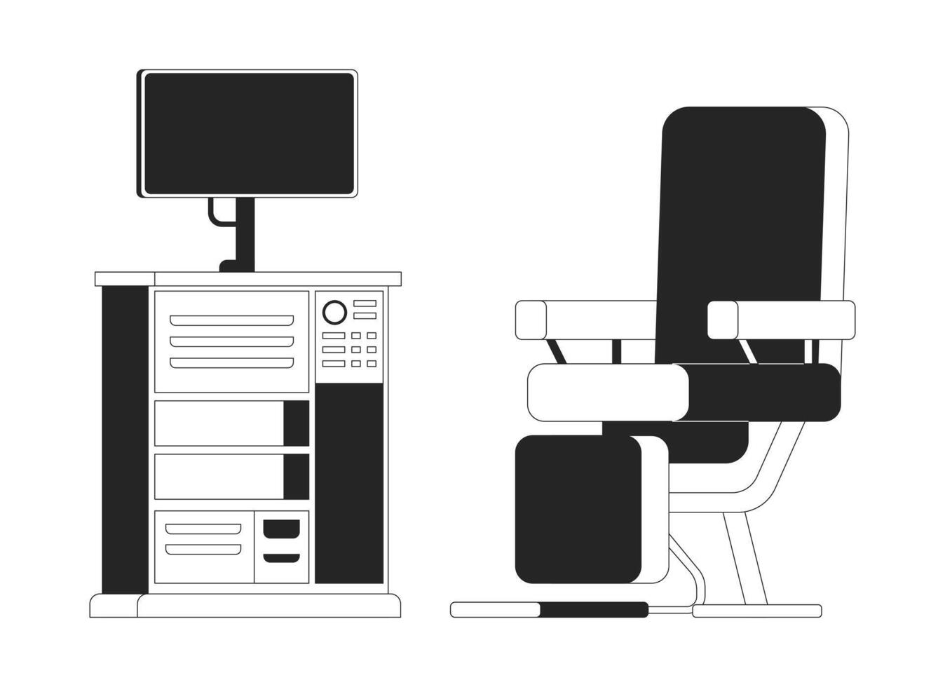Medical equipment and examination chair black and white 2D line object. Diagnostic tools setup with monitor and control panels isolated clip art outline item. Monochromatic spot illustration vector