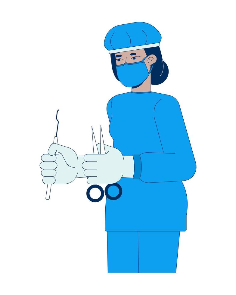 Indian female surgeon in blue scrubs holding surgical tools 2D cartoon character. Healthcare worker with medical instruments isolated person flat on white background. Spot illustration colorful vector