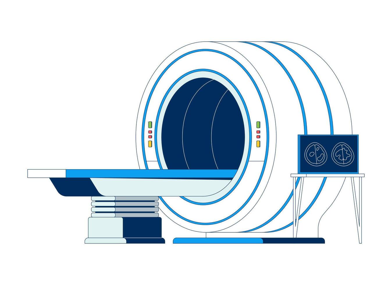 MRI machine with patient table 2D cartoon object. Diagram brain cross sections. Medical technology. Diagnostic scanner isolated element flat clipart on white background. Spot illustration vector