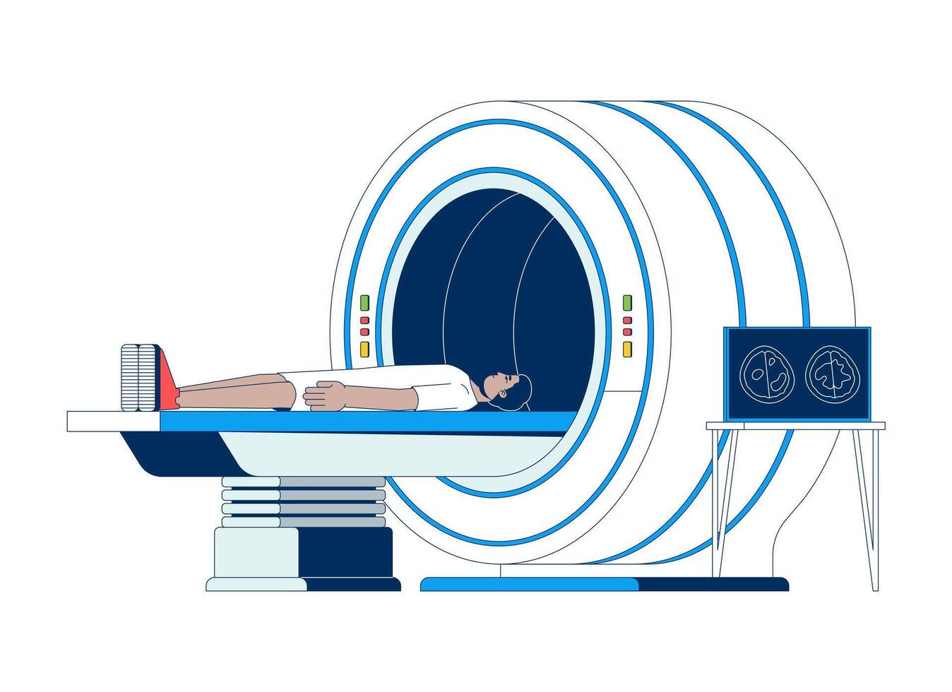 Indian male patient undergoing MRI scan 2D cartoon character. Man lying on scanner bed during diagnostic procedure isolated person flat on white background. Spot illustration colorful vector