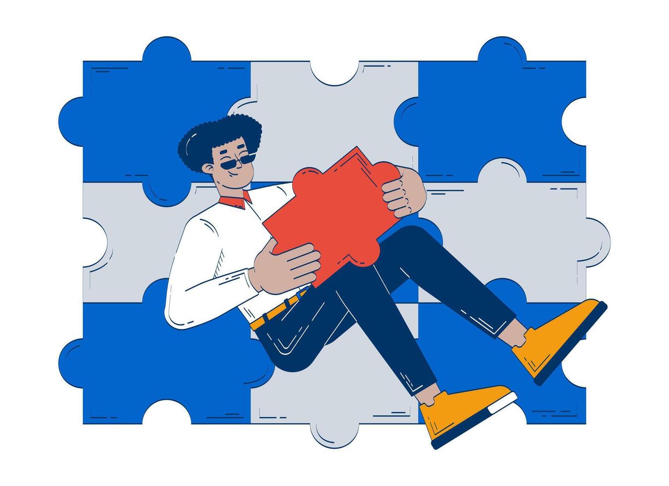 Employee playing individual role in completing puzzle doodle illustration concept. Team member contributes in achieving unified whole cartoon 2D character isolated on white. Hand drawn drawing vector
