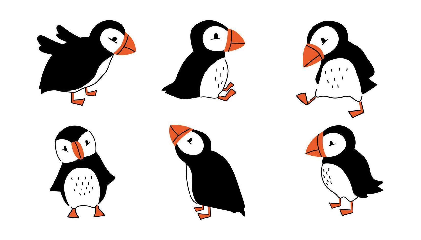 A set of cute black and white puffins. A collection of arctic birds in different poses. vector