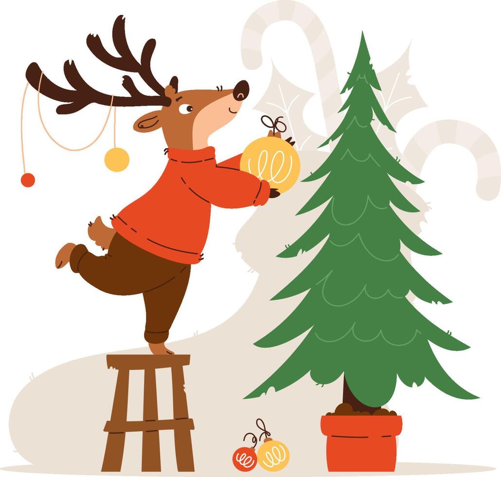 Festive cartoon of a reindeer in a cozy sweater standing on a stool to decorate a Christmas tree with ornaments. Reindeer Decorating Christmas Tree Illustration vector