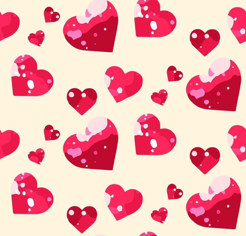 Cheerful and playful seamless pattern of red hearts of various sizes on a soft light yellow background. Unique artistic flair. Bright and eye-catching aesthetic. Valentine and romantic celebration. vector