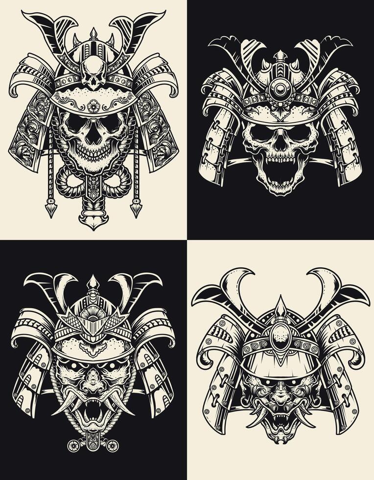 Set of Illustration 4 samurai head with monochrome style vector