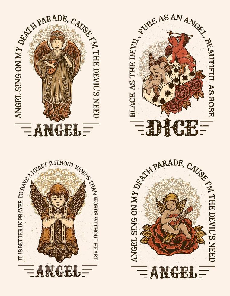 Set of 4 vintage cupid angel with various poses and styles. engraving style. design vector