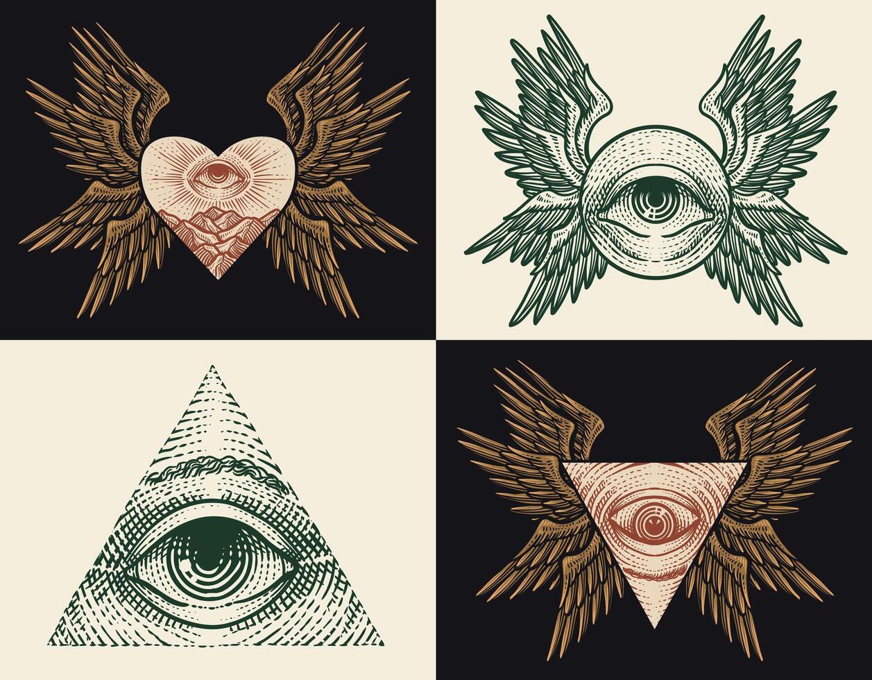 Set of seraphim angel with all seeing eyes. engraving hand drawn style vector