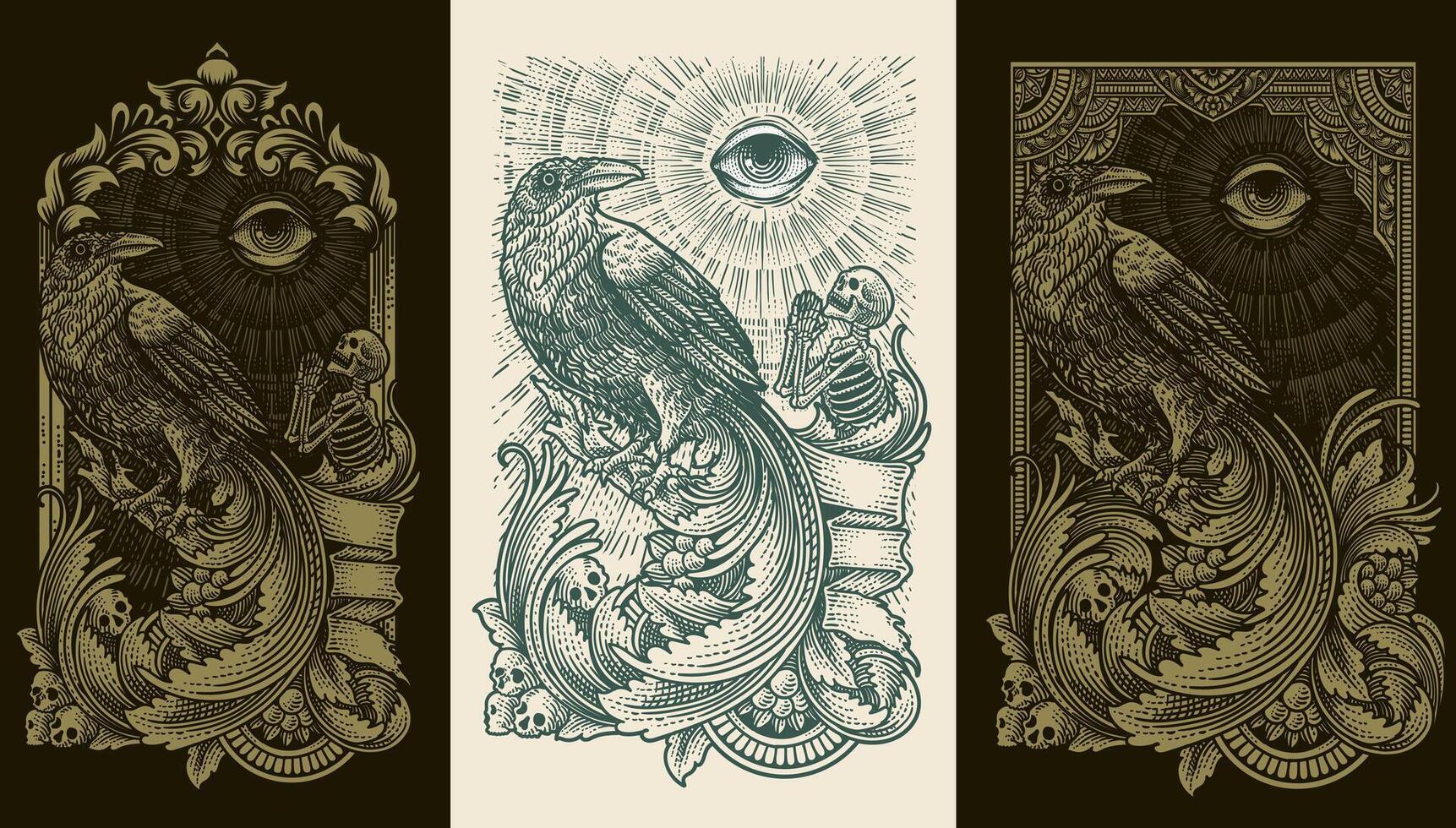Set of 3 crow with skeleton and eye engraving ornament style vector