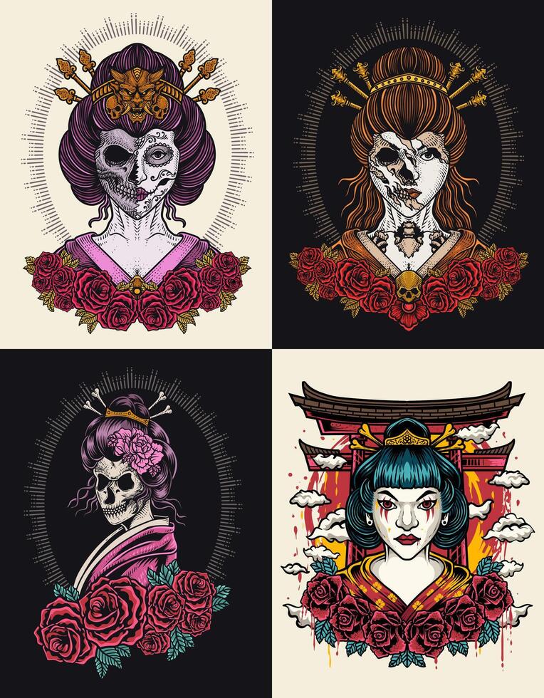 Set of illustration geisha with rose flower. engraving hand drawn style vector