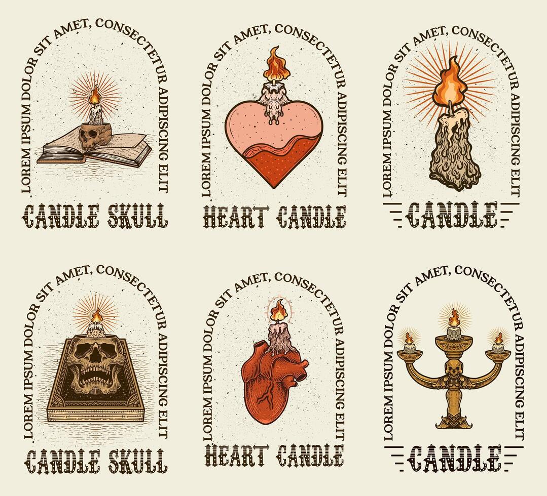 Set of vintage candle with book,heart and candle holder. Hand drawn style vector