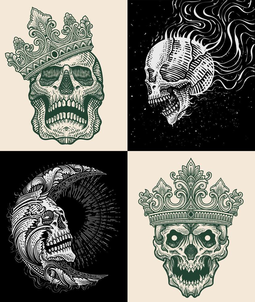 Set of 4 engraving hand drawn skull diamonds with various variations and styles. illustration vector