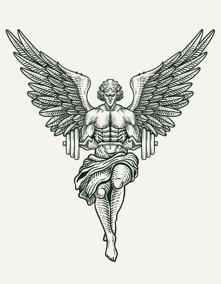 Illustration angel lifting barbell on white background. vector