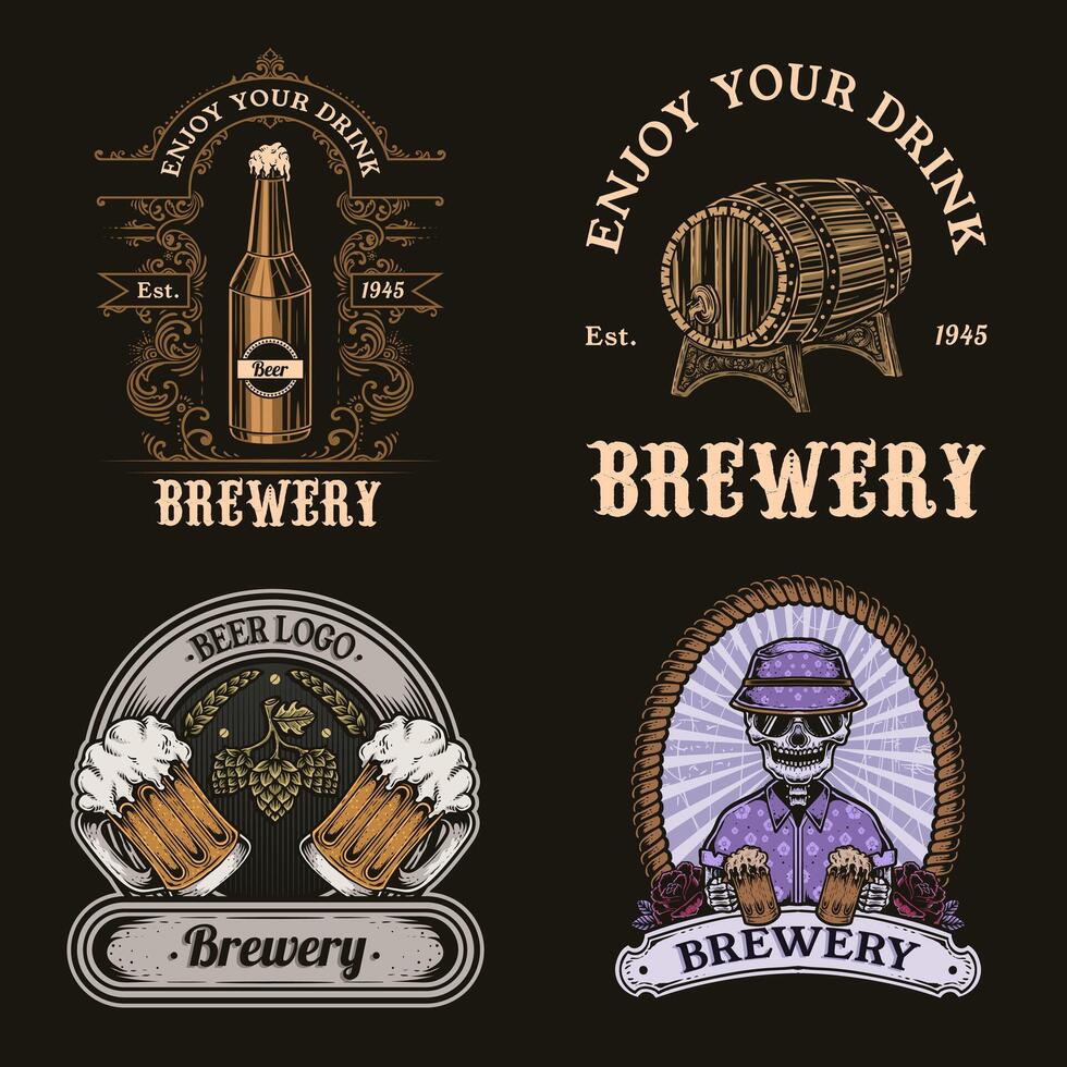 Set of vintage beer logo on black background vector