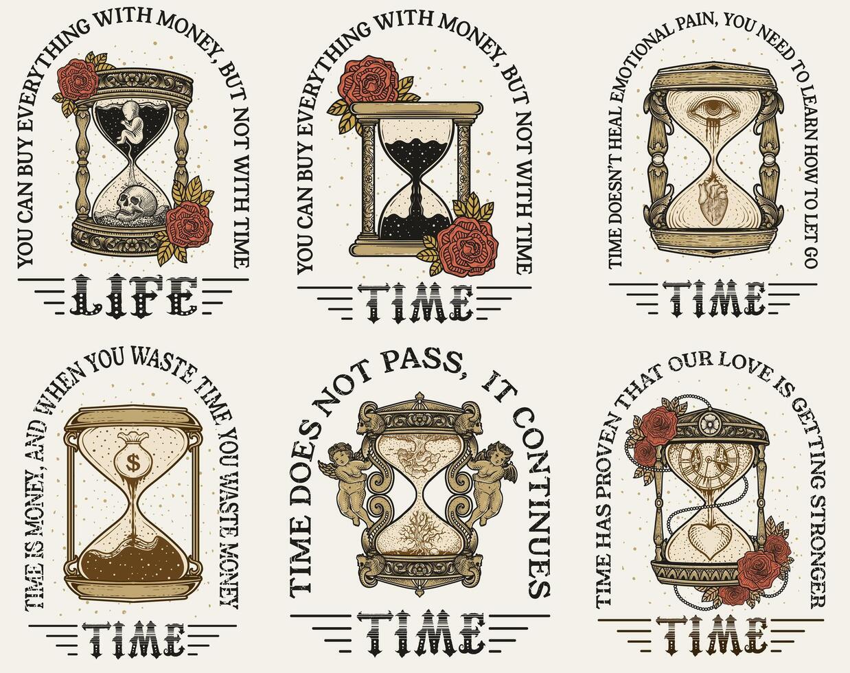 Set vintage hourglass with typography on white background good for t shirt, poster, etc vector