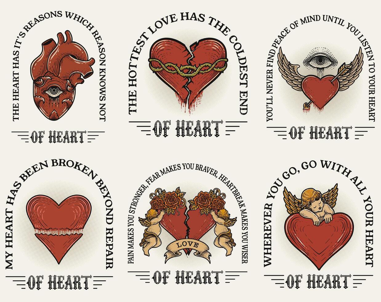 Set retro heart with rose and cupid angel good for t shirt, poster, etc vector