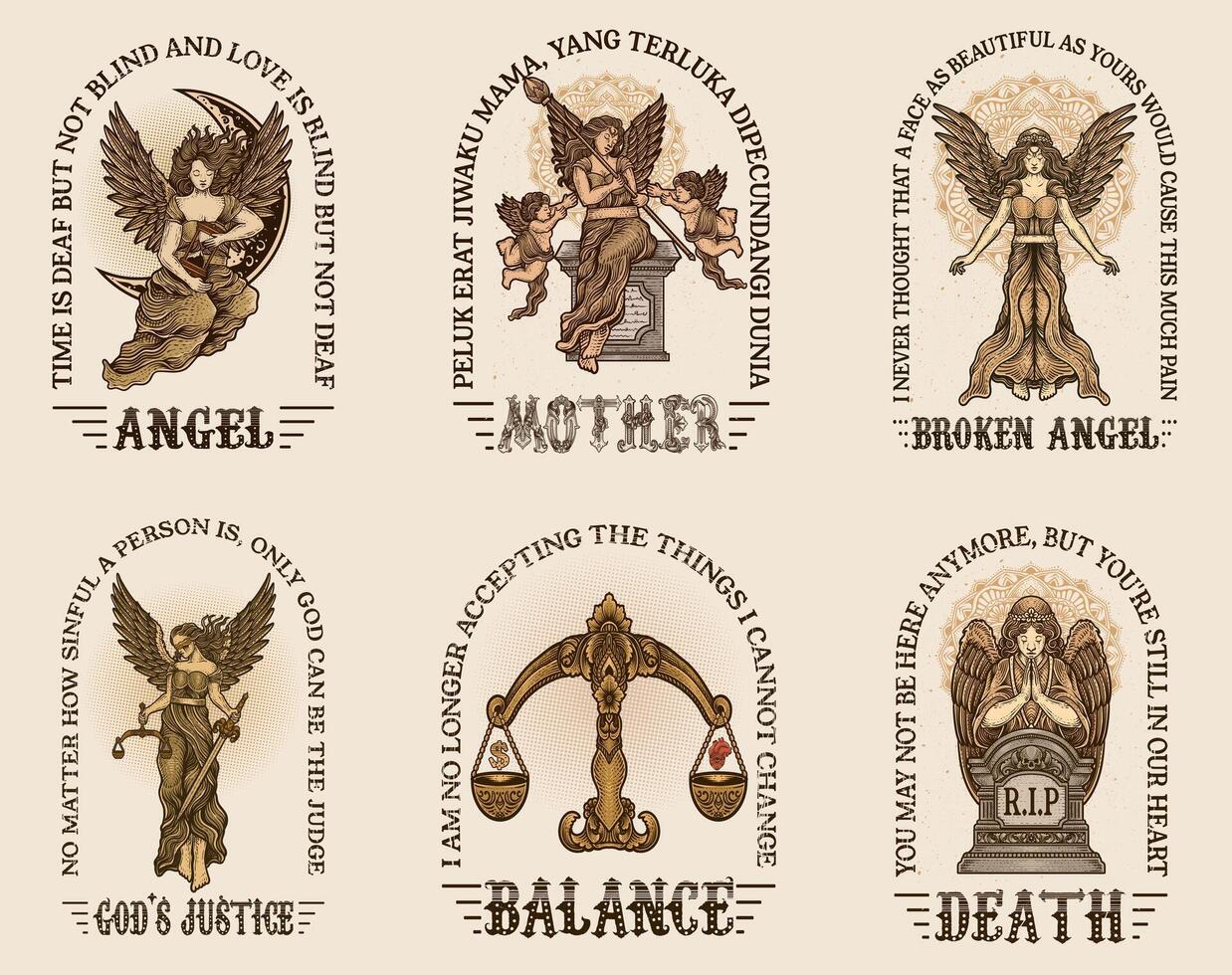 Set of 6 vintage angel with various poses and styles. engraving style. design vector