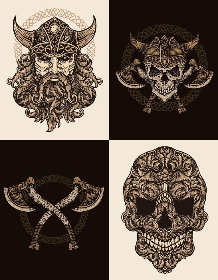 Set of 4 viking warriors with engraving hand drawn style vector