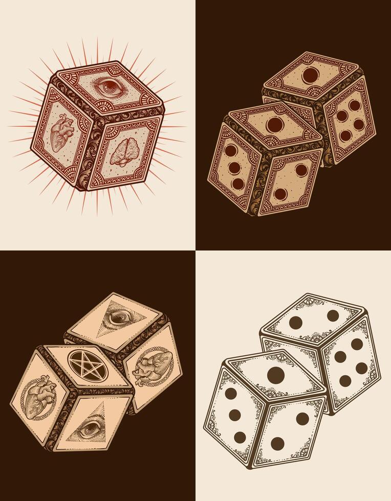 Set of 4 antique dice with various variations and styles, design vector
