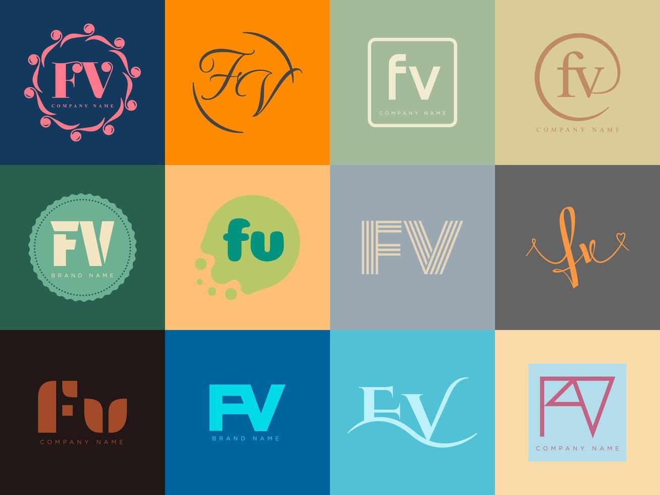 FV logo company template. Letter f and v logotype. Set different classic serif lettering and modern bold text with design elements. Initial font typography. vector