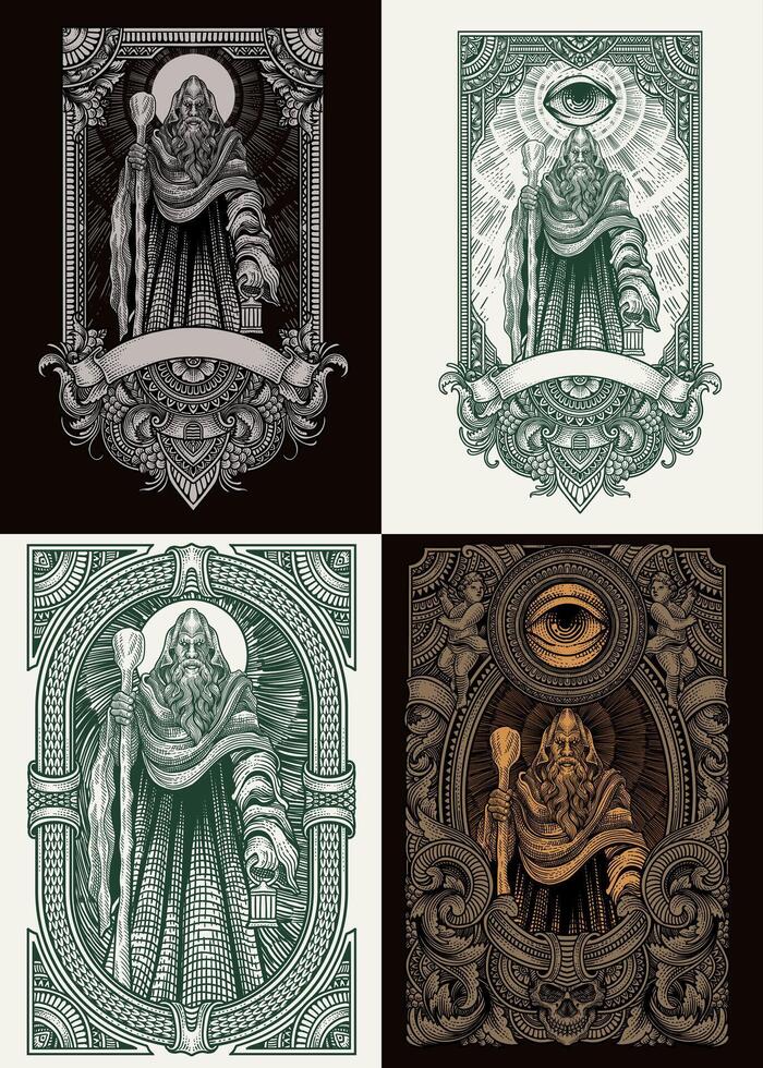 Set of 4 the great mage with engraving ornament frame vector
