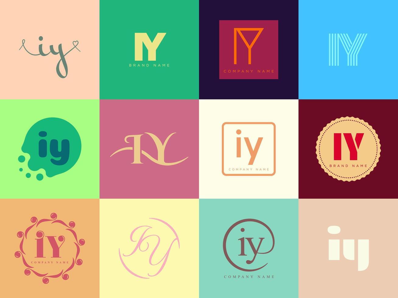 IY logo company template. Letter i and y logotype. Set different classic serif lettering and modern bold text with design elements. Initial font typography. vector