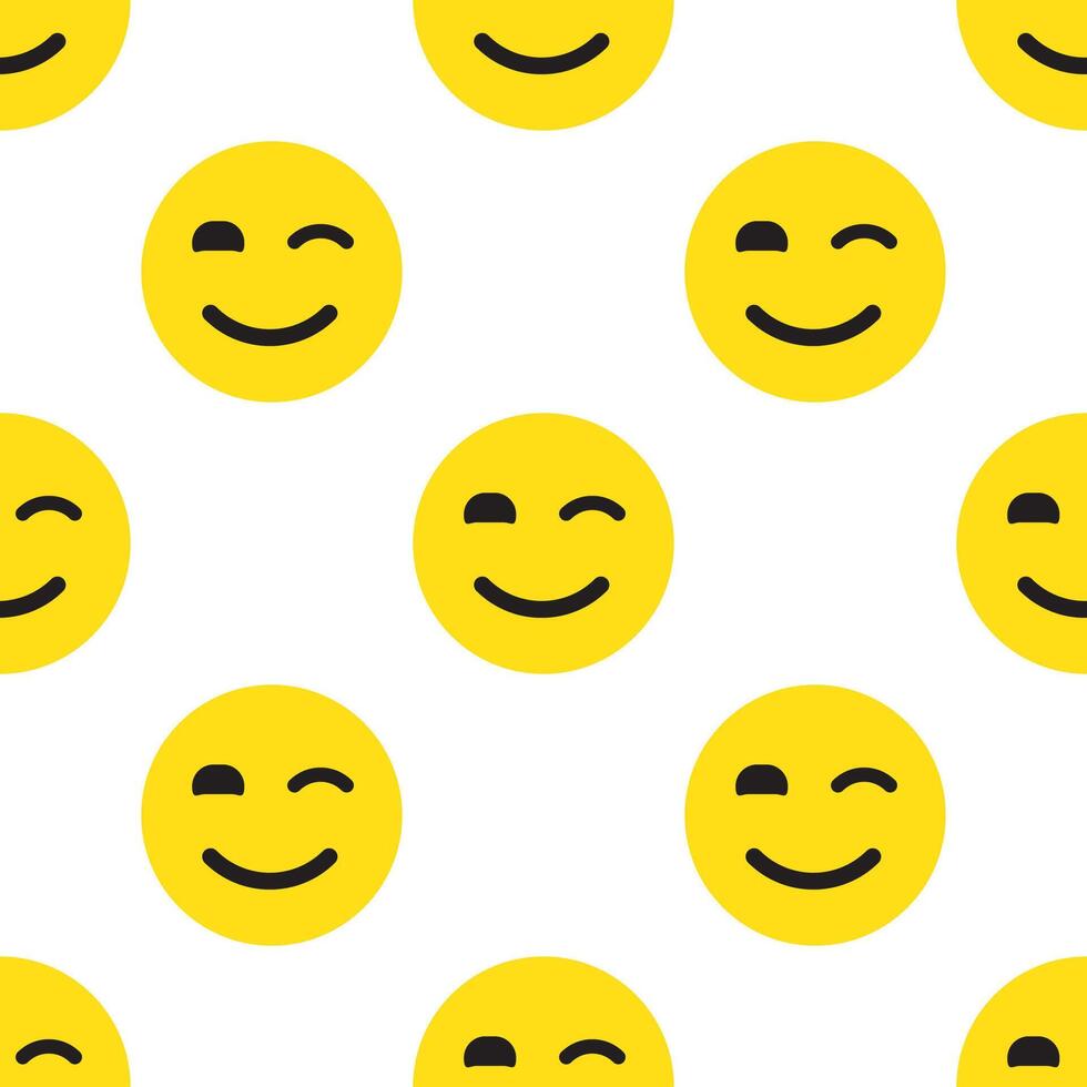 A cheerful, repeating pattern of yellow winking and smiling emojis creates a fun and playful design on a white background. vector