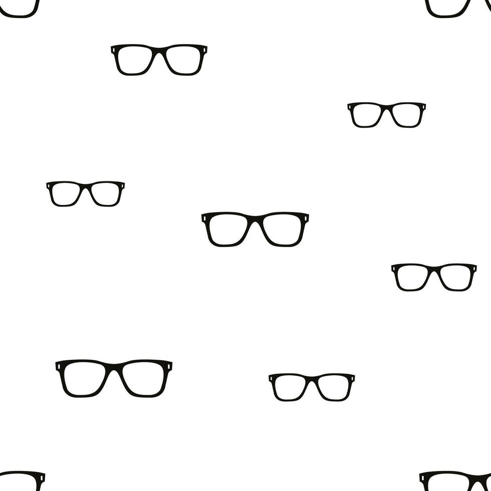 minimalist, repeating pattern features simple black eyeglasses silhouettes scattered across a white background. vector
