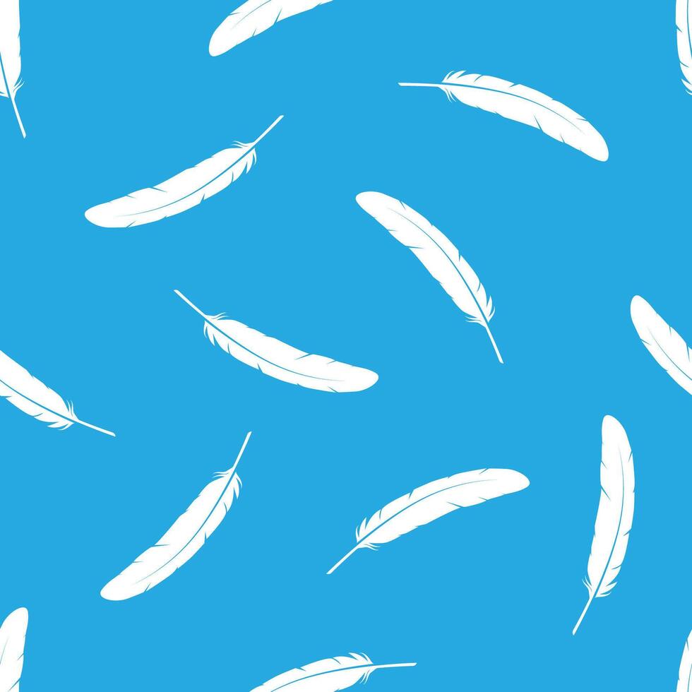 Seamless pattern features white feather silhouettes scattered across a vibrant blue background, creating a simple yet elegant design. vector