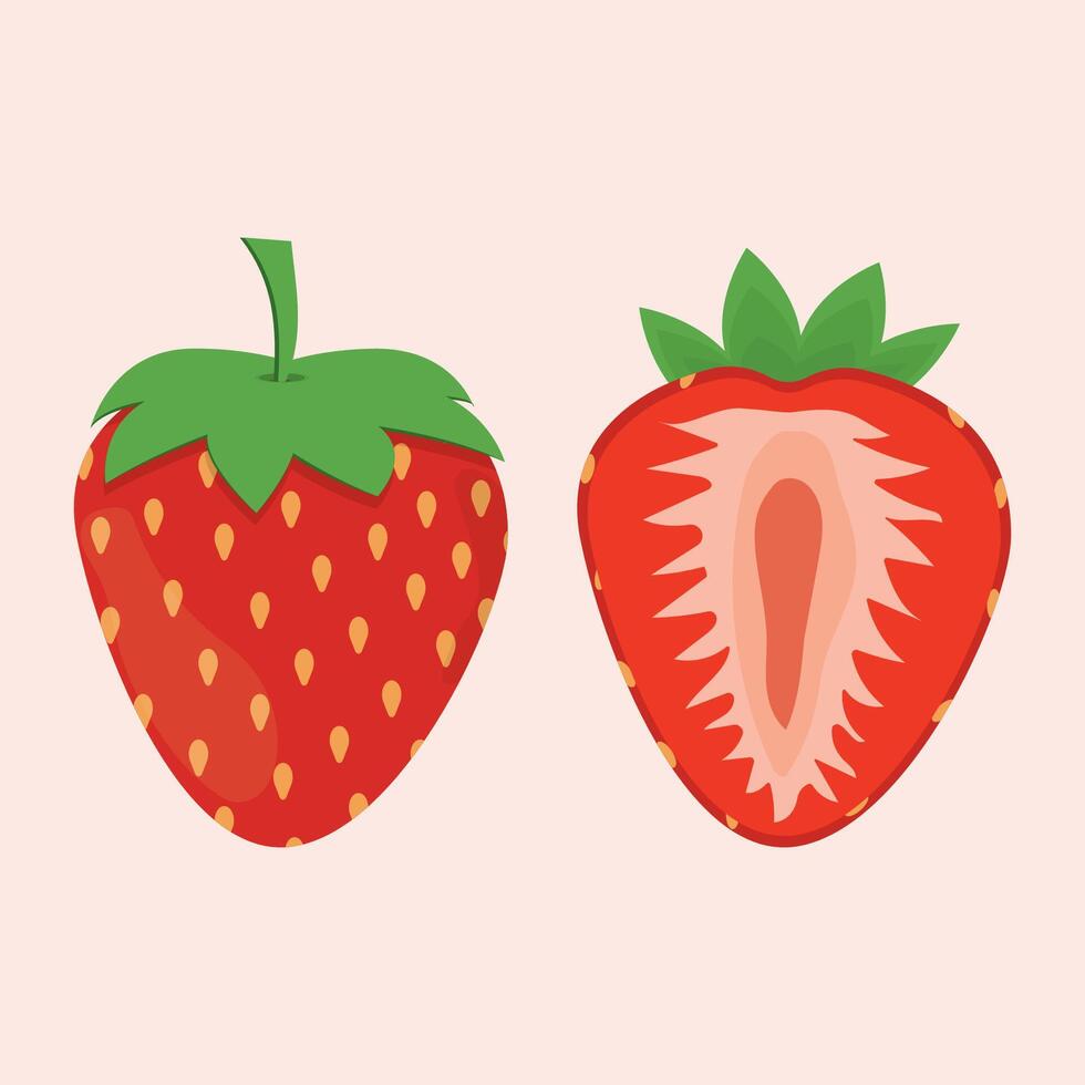 Whole red strawberry and a halved strawberry with visible seeds and green leaves. vector