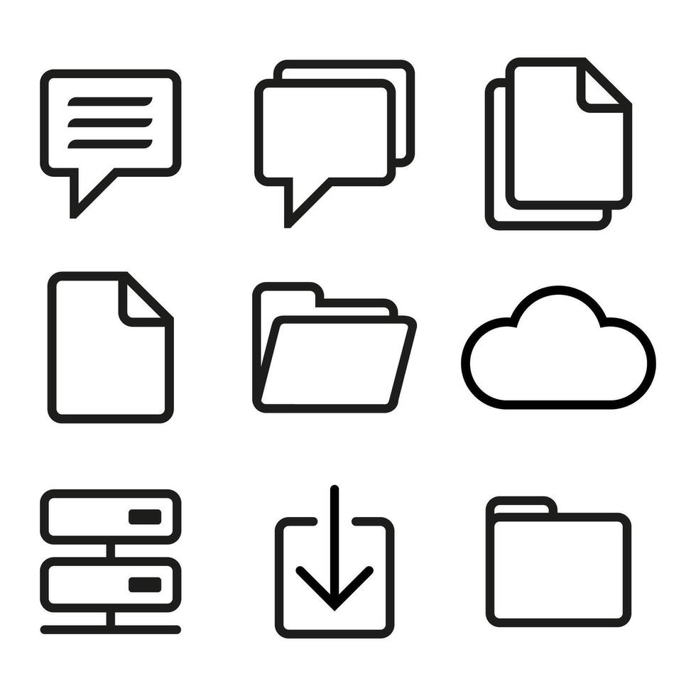 set of nine simple line icons representing various digital file management and communication concepts. vector