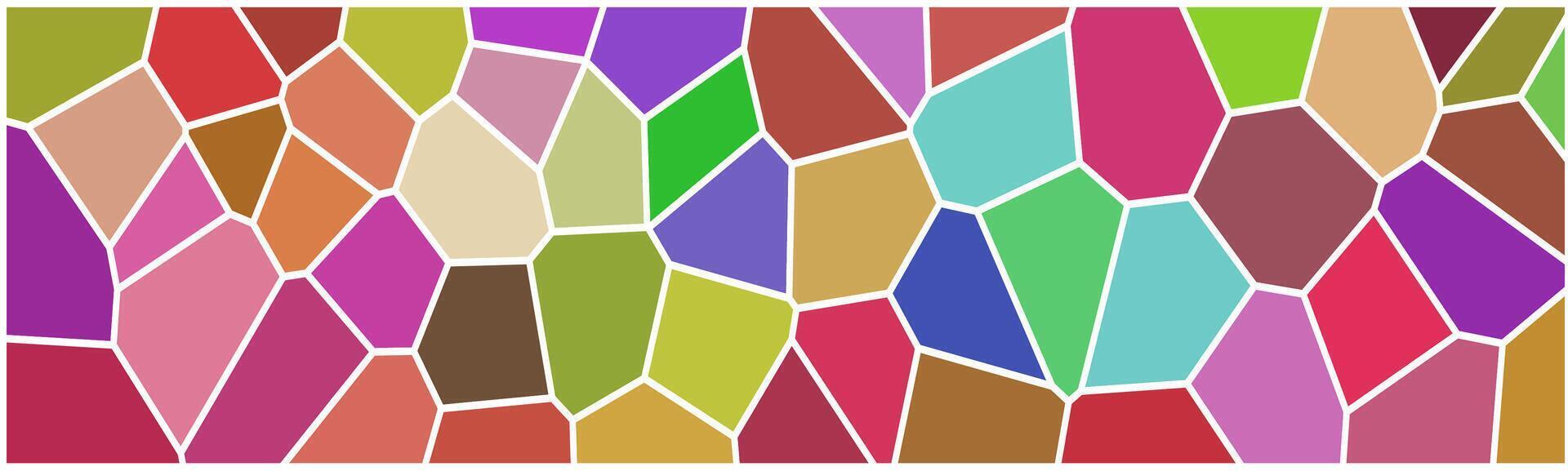 a vibrant Voronoi diagram with polygons in shades of red, orange, yellow, and pink. The irregular polygons are bordered by black lines, creating a stained-glass-like effect. vector