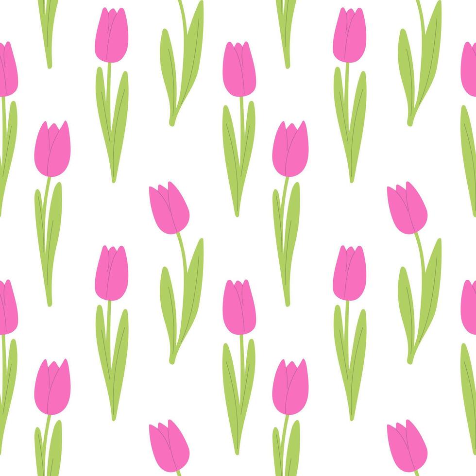 Tulipes pink pattern, hand drawing flowers with leaves, on white background. Design for romantic, lovers and Valentines day, wedding. vector