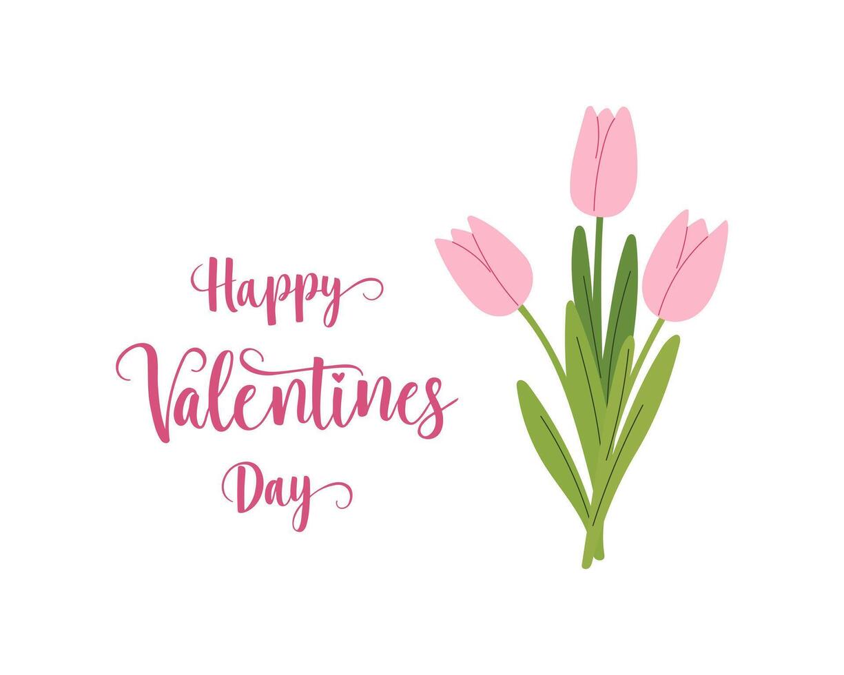 Card Happy Valentines day with bouquet of pink tulips. Isolated on white background. vector