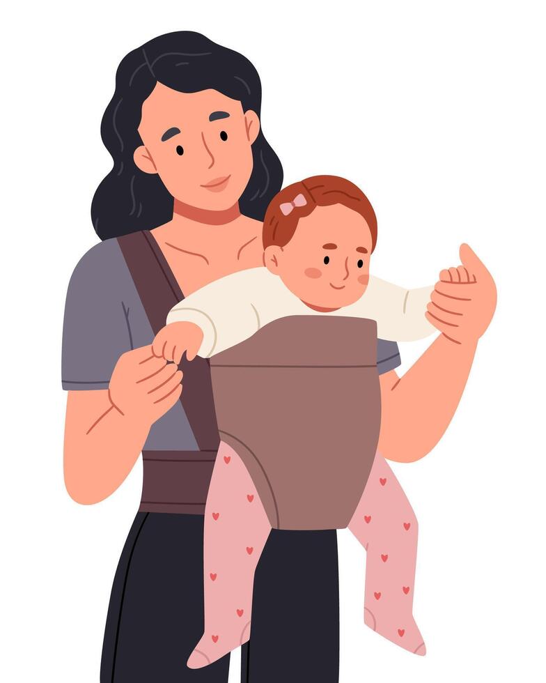 Mom with daughter in a sling.Mum holding newborn child, infant in comfortable carrier, walking. vector