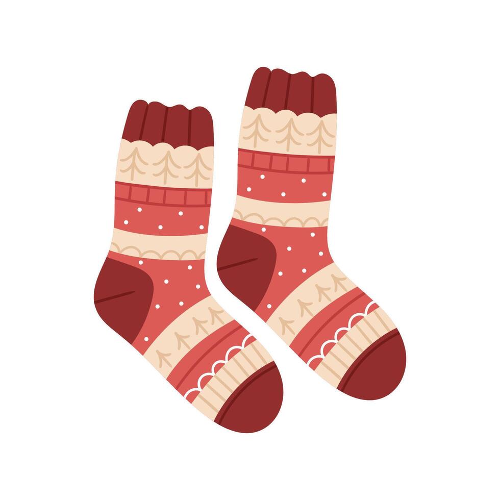 Knitted and cozy warm.Socks are arranged in a fun, scattered layout, showcasing a cute and minimal flat style. vector