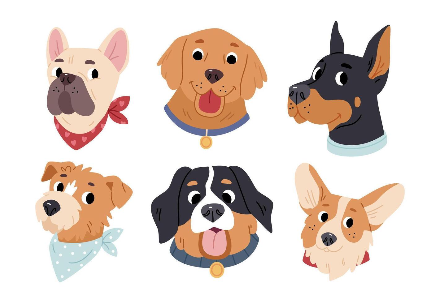 Set of different dog breeds. Bulldog, Bernese Mountain Dog, Rottweiler, Doberman, Corgi, Golden Retriever, Labrador. vector