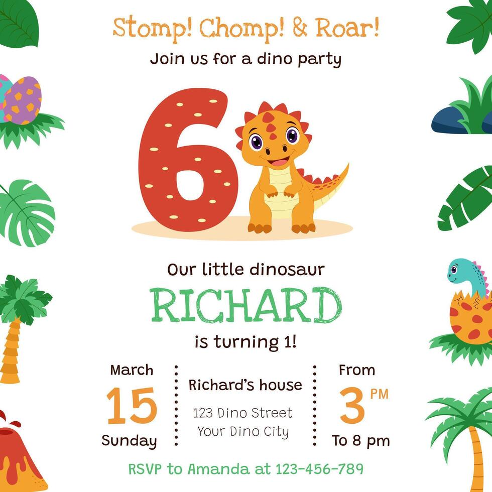 Dinosaur invitation. Birthday party invitation card with dinosaur and birthday anniversary number. vector
