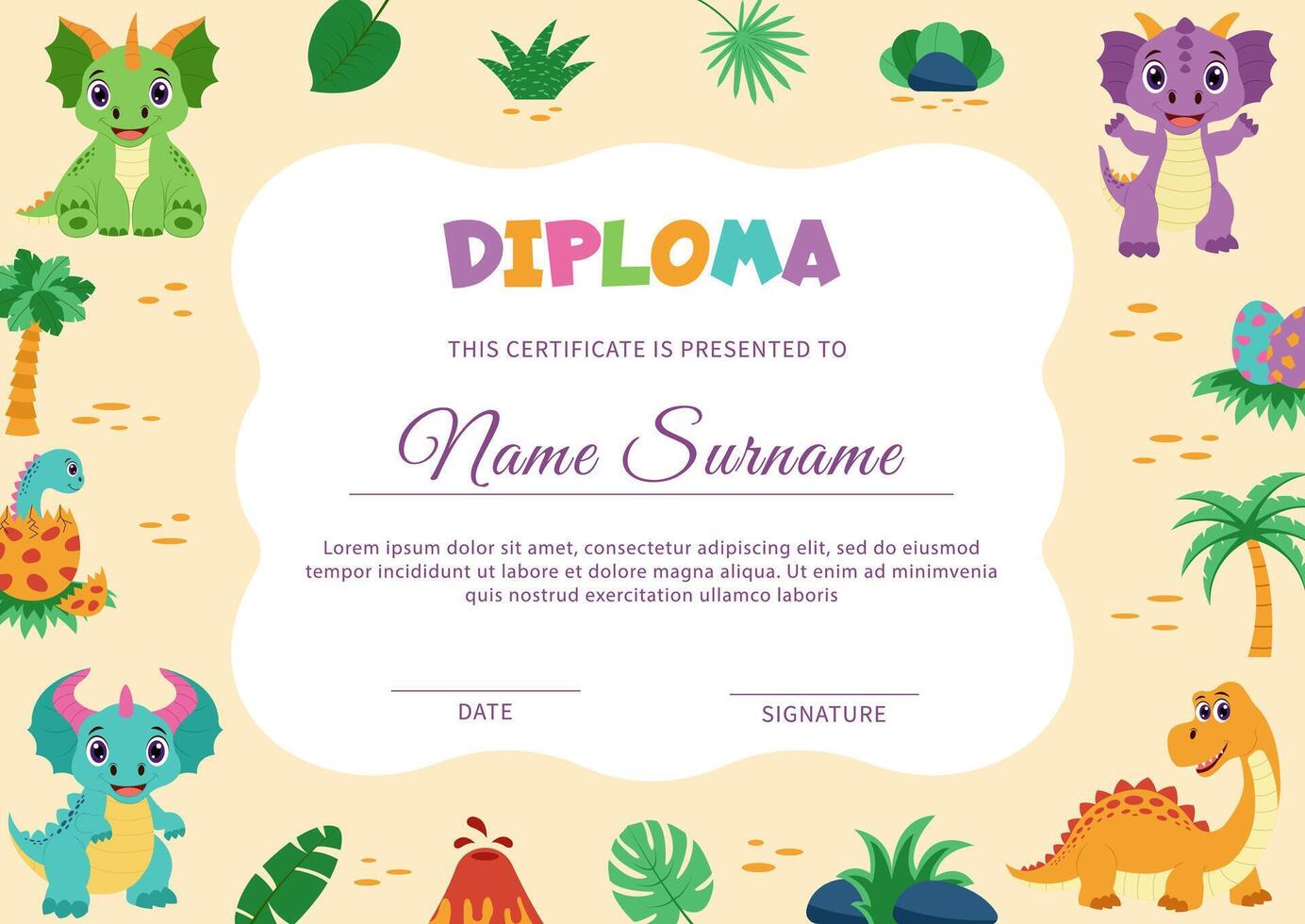Dinosaur diploma, certificate. Template with dinosaurs and tropical plants. vector