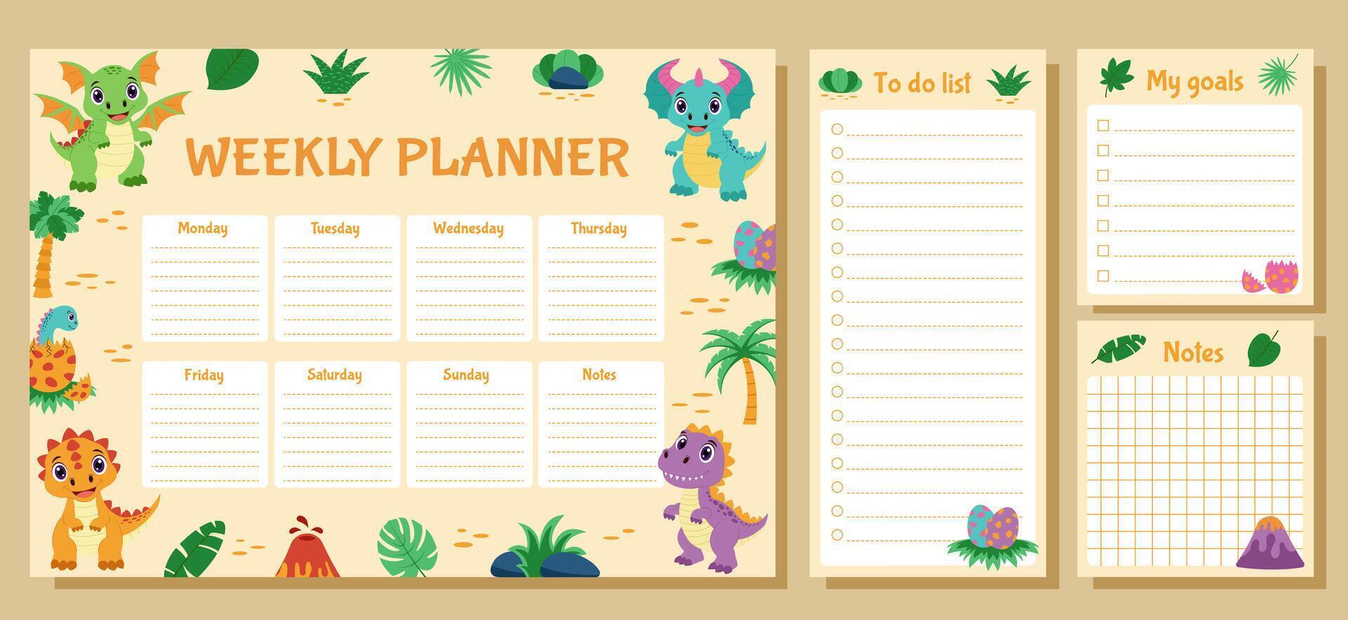 Dinosaur concept. Weekly planner, to do list, goals and notes. Set with dinosaurs and tropical plants. vector
