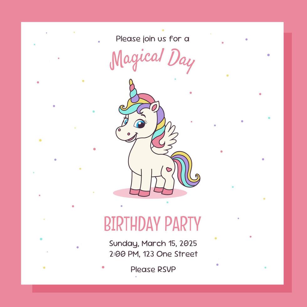 Unicorn invitation. Birthday party invitation card with unicorn and birthday anniversary number. vector