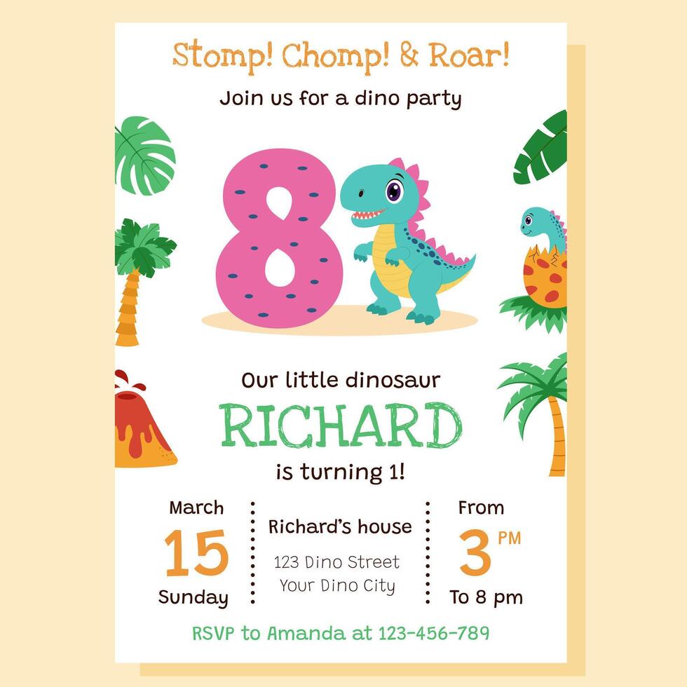 Invitation for birthday party. Dinosaur concept. Invitation with dinosaur and birthday anniversary number. vector