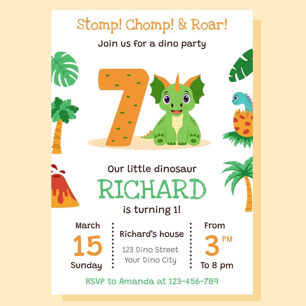 Dinosaur concept. Invitation for birthday party with dinosaur and birthday anniversary number. vector