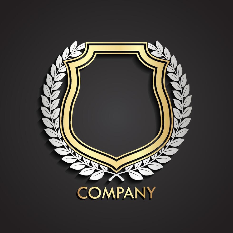 3d heraldic shield and laurel wreath logo silver gold emblem vector