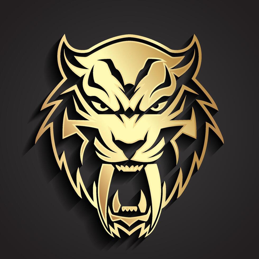 3d gold saber tooth tiger beast head logo vector