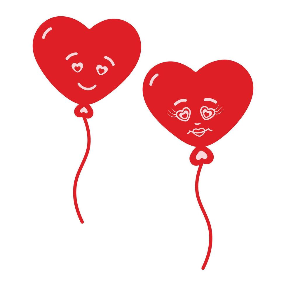 Hand Drawn balloons on rope Cute smiling characters in trendy red. St Valentine Day design element Set 2. Isolated illustration Thematic card, Slickers, Icons, posting, blog or web promo, label vector