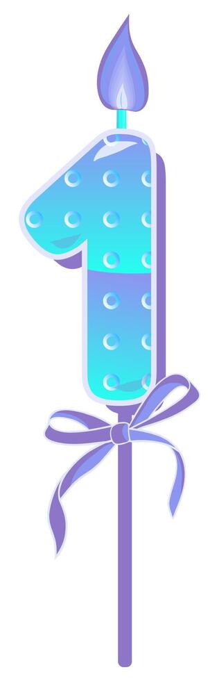 Happy Birthday cake font with blue candle. One year, symbol of number anniversary. Quinceanera girl party decor. Cartoon illustration. vector