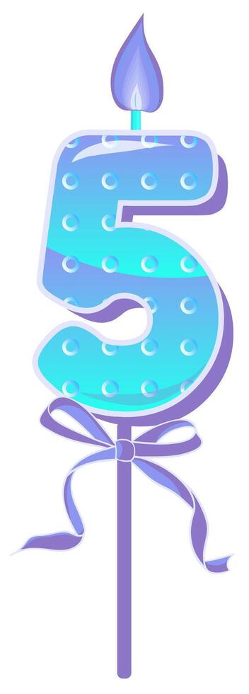 Happy Birthday cake font with blue candle. five year, symbol of number anniversary. Quinceanera girl party decor. Cartoon illustration. vector