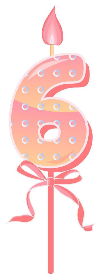Happy Birthday cake font with pink yellow candle. Six year, symbol of number anniversary. Quinceanera girl party decor. Cartoon illustration. vector