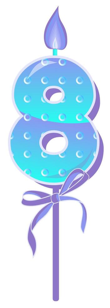 Happy Birthday cake font with blue candle. eight year, symbol of number anniversary. Quinceanera girl party decor. Cartoon illustration. vector
